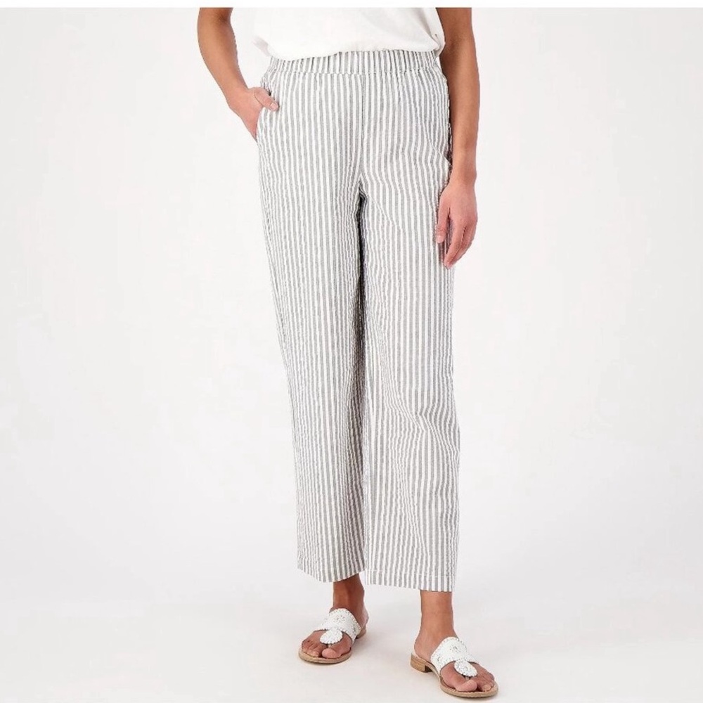 Denim & Co. Seersucker wide leg pull on pants, size small, dark olive